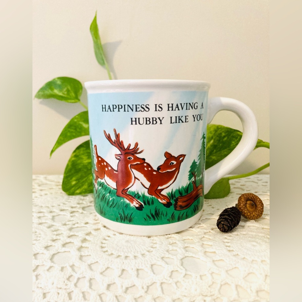 Vintage Deer Couple Mug “Happiness is having a hubby like you” Just Married Mug